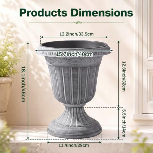 4 Pcs 16 x 18 Inches White Wash Plastic Urn Planter Classic Flower Pots Front Porch Planters Indoor Outdoor Planters with Pedestal for Wedding Party Bridal Shower Garden Patio Porch (16 x 18 Inches / White Wash)