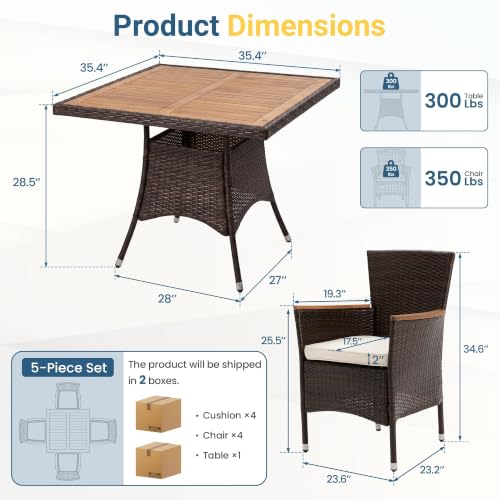 Rattan Patio Table and Chairs Set with Acacia Tabletop (Brown - Beige / 5-Pieces)