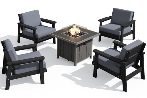 HDPE Patio Furniture Set with 33” Square Fire Pit Table (Black/Grey)