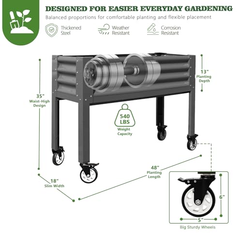 Anleolife Rolling Elevated Raised Garden Bed with Wheels (48x18x35 in / Quartz Grey)
