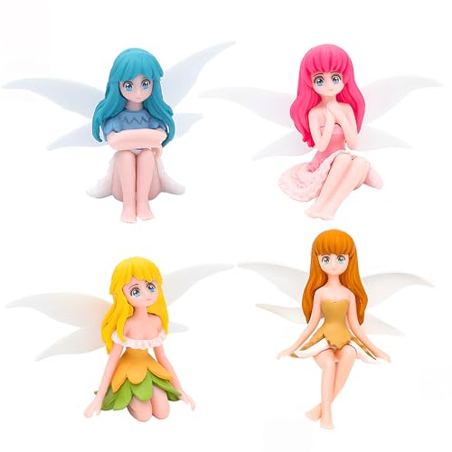 4 Pieces Miniature Fairy Garden Accessories Small Fairy Figurines Hand Painted Fairies Figures Girl Fly Wing Figurines for Car Decor Fairies Garden Flower Pot Birthday Cake Topper (4 Count)