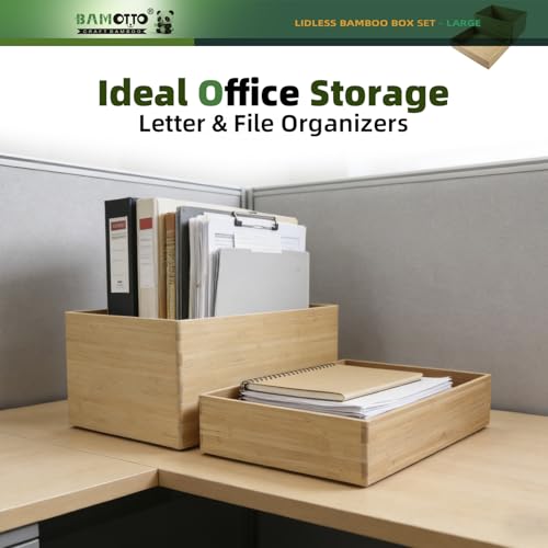 2 Piece Bamboo Storage Box Set Stackable Organizer (2-Piece Bamboo Box Set - Large / 14.6"L x 10.2"W x 7.1"H & 14.6"L x 10.2"W x 3.1"H)