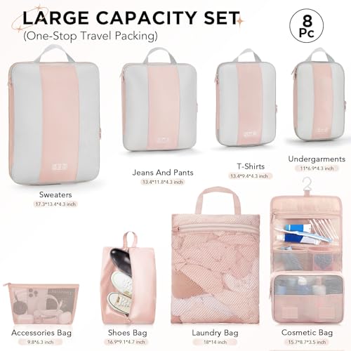 8 Set Compression Packing Cubes for Travel Gifts Mom Women (Beige)