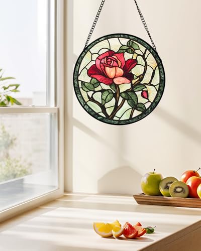 Stained Glass Window Hanging Red Rose Suncatcher Gifts for Women 15"