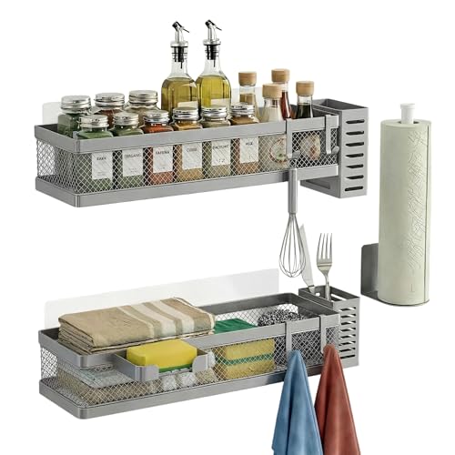 5-in-1 16.5" Extra Long Slim Wall Mount Wrapped Mesh Kitchen Organizer & Shower Caddy Kit, with Paper Towel Holder, Utensil Holder, Soap Dish, Holds 50LBS - Silver Gray, Netting (Silver Grey / 5-in-1 Full Mesh (16.5" Extra Long))