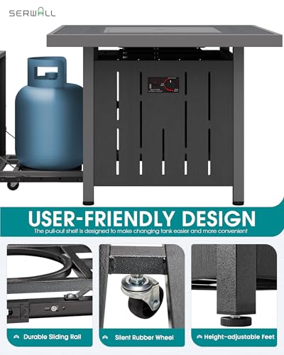 HDPE Patio Furniture Set with 33” Square Fire Pit Table (Black/Grey)