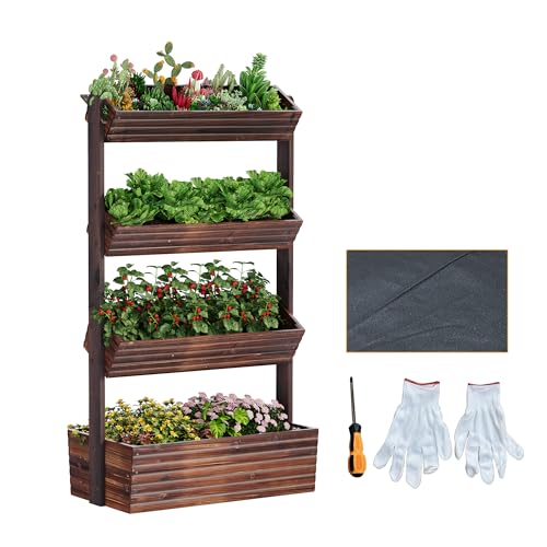 Wood Vertical garden planter herb Raised garden bed indoor kit standing (Carbonized / 4-Tier)