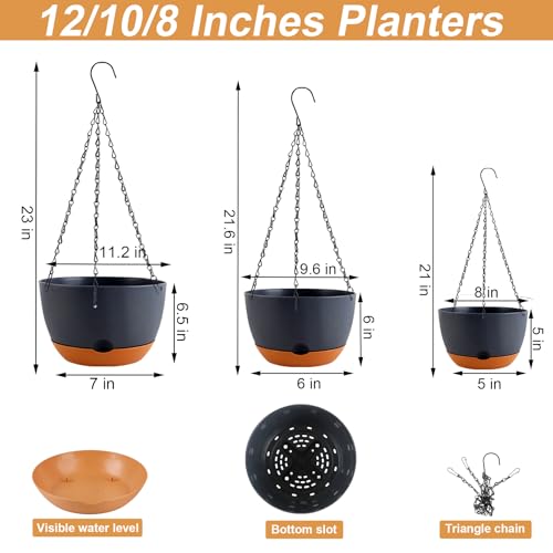 8/10/12 inch Plant Pot Hanging Planters, 3 Pack, Black (Black / 8/10/12 inch)