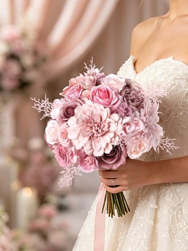 Artificial Flowers Combo Box Set Dusty Pink Silk Floral Arrangements for Wedding Bridal Bouquet (Dusty Pink)