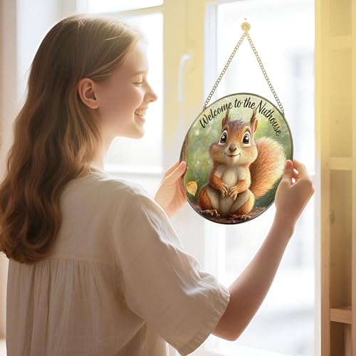 Stained Glass Window Hanging 8" Welcome to the Nuthouse Squirrel Sun Catchers (Squirrel)