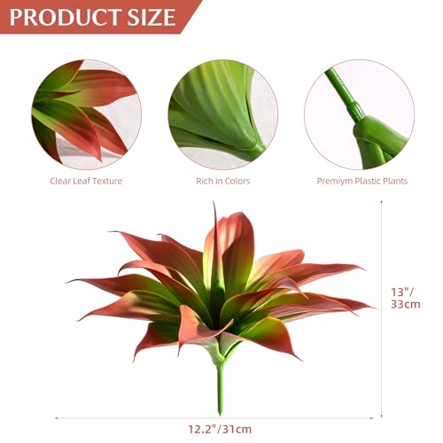 2-Pack 13.8-Inch Red Artificial Agave Plants, UV Resistant Fake Outdoor Succulents and Lifelike Faux Greenery for Planters, Porch, Patio, Garden, Entryway and Indoor Home Decor (Agave15-re2)