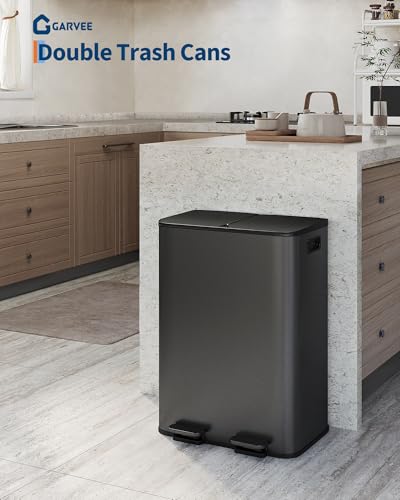 2 x 8 gal Stainless Steel Double Trash Can with Lid for Kitchen (Matte Black / 2 x 8 gallon)