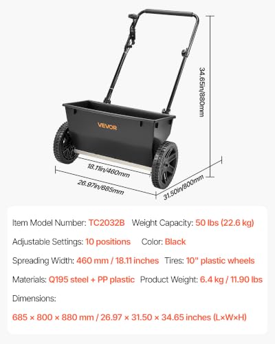 Broadcast Spreader 50 lbs Capacity Drop Spreader with Hopper Grate (50LB / Black)