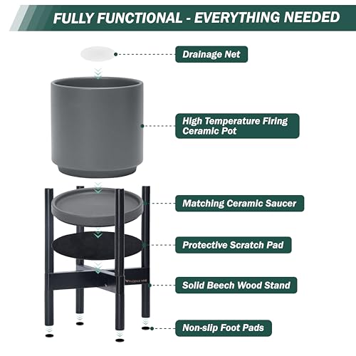 Ceramic Pot with Ebony Wood Stand (14 Inch / Grey Pot + Ebony Stand)