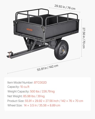10 Cu.Ft. & 500lbs ATV Trailer Dump Cart Tow Behind (Black)