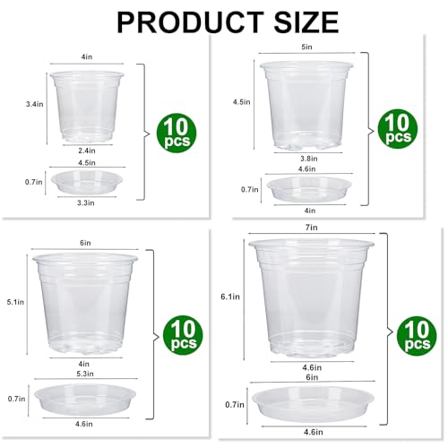 4/5/6/7 Inch 40 Pack Clear Plastic Nursery Pots with Drainage and Saucer (4/5/6/7inch 40pack)