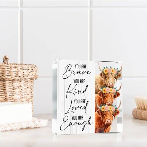 Highland Cow Gifts You are Brave Kind Loved Enough Positive Inspirational Highland Cow Acrylic Sign Gifts for Friends Inspirational Decorations Gift 4x4 Inch (Brave)