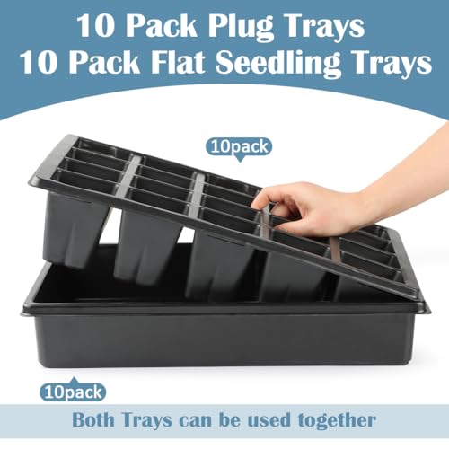 10 Pack 2.5 inch Square Pots 3.5 inch Deep 20 Cell Seedling Plug Trays with Water Collection Nursery Trays (20 Cell Plug Trays + Flat Trays-10P)