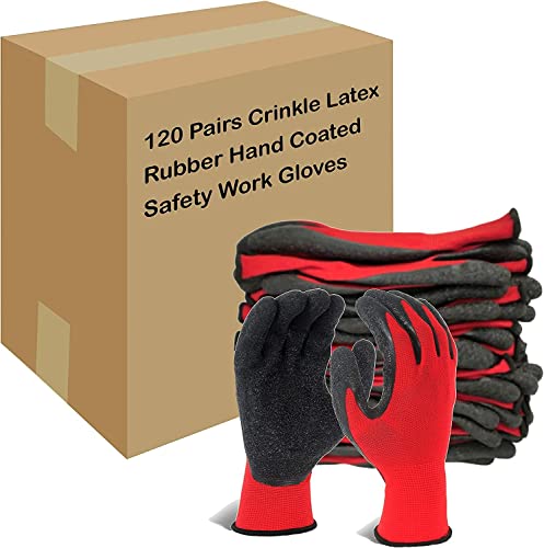 Crinkle Latex Rubber Hand Coated Safety Work Gloves for Men Women General Multi Use Construction Warehouse Gardening Assembly Landscaping (X-Small / Red-120 Pairs)