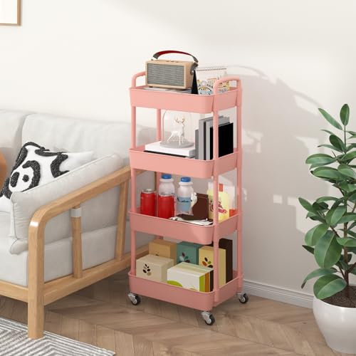 4 Tier Plastic Rolling Utility Cart with Wheels for Storage