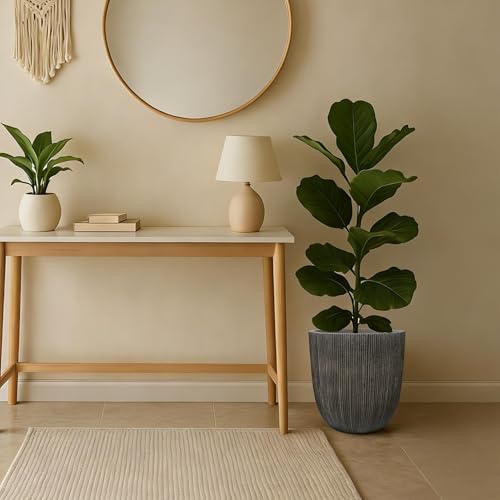12.4"H Tall Tapered Ribbed Plastic Plant Pot with Drainage Hole & Plug (Vintage Black / 12.4in)