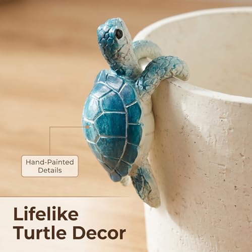 Ceramic Plant Pot with Resin Climbing Tortoise Figure (White+bt / 5.7 Inch)