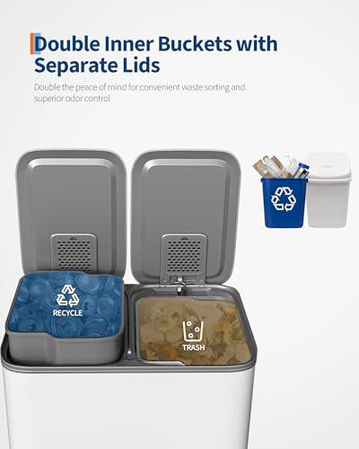 2 x 4 gal Stainless Steel Double Trash Can with Lid for Kitchen (Grayish-White / 2 x 4 gallon)