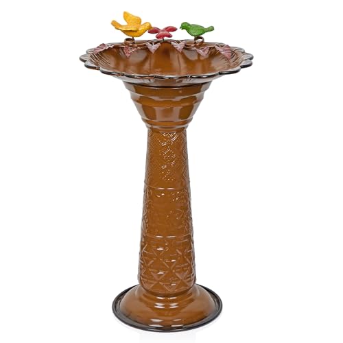 ORS112BR Vintage Outdoor Shallow Bowl Metal Pedestal Birdbath with Stand (Brown)