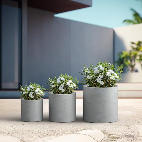 Set of 3 Pale Gray Concrete Cylinder Planters 15.8" 12.9" 9.8" Dia (Natural Concrete / 9.8",12.6",15.7" Dia)