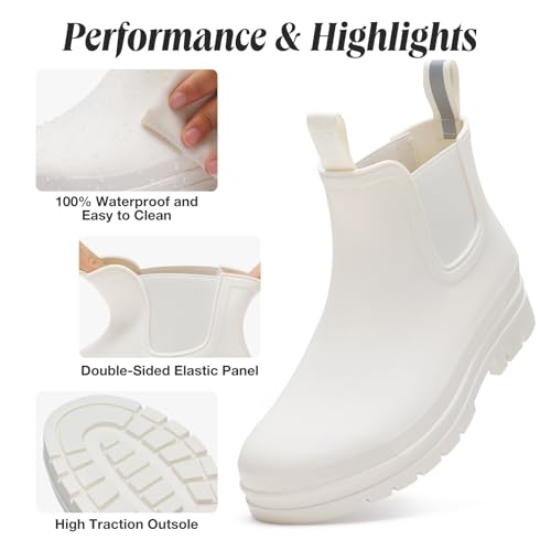 Women's Short Rain Boots Waterproof Ankle Chelsea Boots (11 / White)