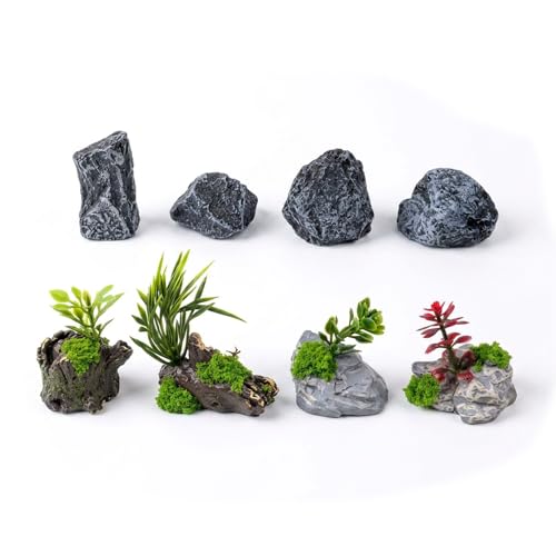 Miniature Fake Stone Rock and Tree Stump Ornaments with Plants (Stone Rocks & Trees Stumps)