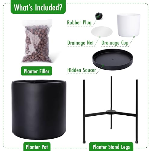 Cylinder Planter Pot with Metal Stand (X-Large 14 Inch / Black)