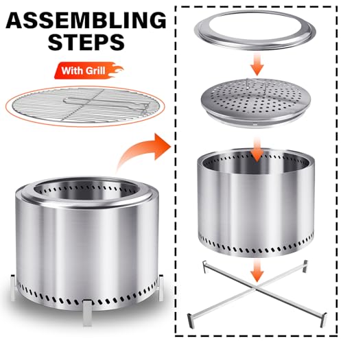 20" Smokeless Firepit with Stand & Grill Rack (20" Firepit With Stand & Grill / Silver)