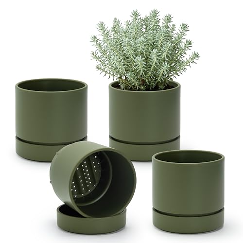 6 Inch Planter Pot with Drainage Hole & Saucer (6" (4 Pack) / Olive)