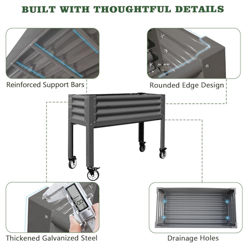 Anleolife Rolling Elevated Raised Garden Bed with Wheels (48x18x35 in / Quartz Grey)