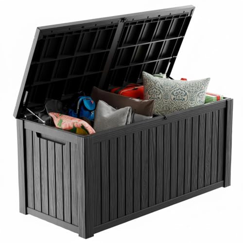 200 Gallon Waterproof Resin Outdoor Storage Box with Hydraulic Gas Strut & Metal Support Rod (Black / 200 Gallon)