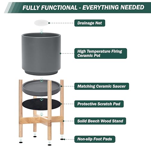 Ceramic Pot with Natural Wood Stand (14 Inch / Grey Pot + Natural Stand)