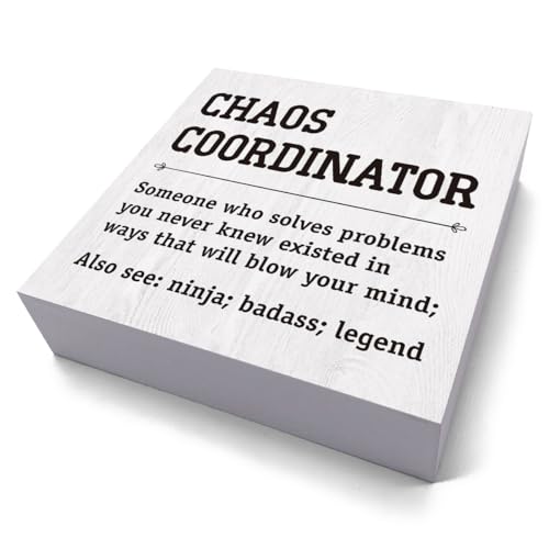 Chaos Coordinator Thank You Gifts Office Decor Funny Motivational Desk Decor Gifts for Coworkers Boss Manager Appreciation Rustic Wooden Box Sign for Table Top Office Bookshelf White (white- Chaos)