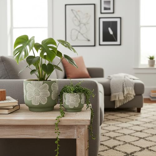 Ceramic Plant Pots (8+6 Inch / Modern Green Floral)