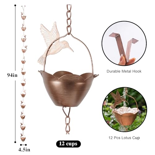 Rain Chain for Gutters (Flower Cups with Hummingbird)