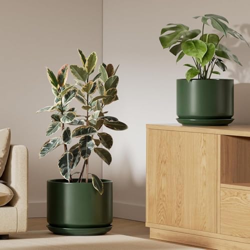 10 + 12 Inch Ceramic Plant Pots (Forest Green / 10"+12")