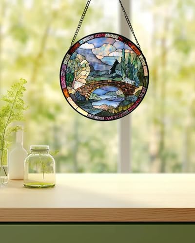 Stained Glass Window Hanging Arch Bridge Suncatcher Gifts for Women 7.8" (Blue Brown / 7.8x7.8 IN)
