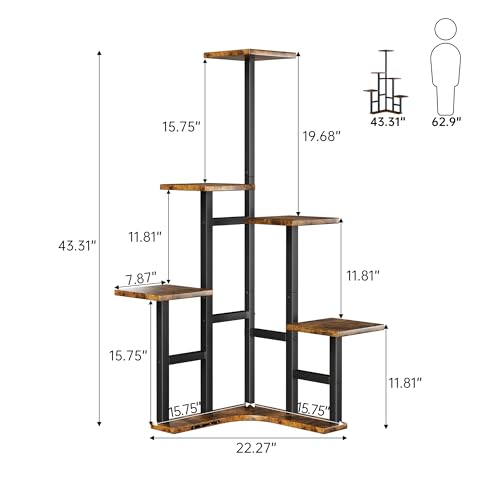 Corner Plant Stand Indoor with Grow Lights Set of 2 (Rustic Brown(with Lights) / 6 Tier-Square-Set of 2)