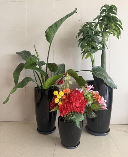 24/21/11 Inch Tall Planter Pots Garden Plastic Planters - Set of 3 for Indoor & Outdoor Use - Decorative Lightweight Flower Pots (Black)