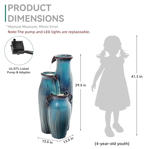 30" Ceramic Vase Water Fountain Outdoor with LED Lights (Turquoise Cascading Vase 29.5"h)