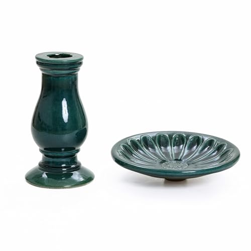 LuxenHome 22 Inch Ceramic Bird Bath for Outside (A Dark Green)