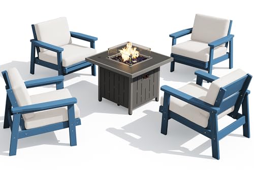 HDPE Patio Furniture Set with 33” Square Fire Pit Table (Blue/Khaki)