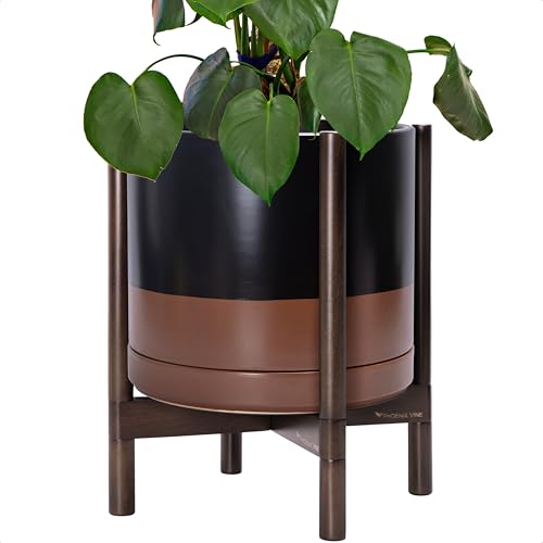 Ceramic Pot with Walnut Wood Stand (14 Inch / Black/Speckled Tan Pot + Walnut Color Stand)