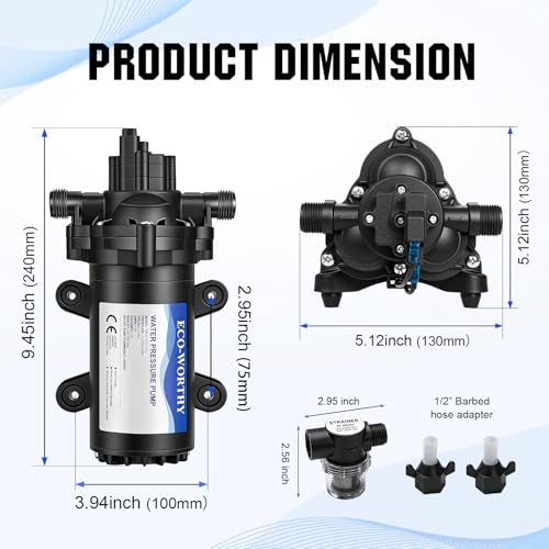 33 Series Industrial Water Pressure Pump 110V AC 4.0GPM 50PSI RV Fresh Water Diaphragm Pump include Garden Hose Adapters for Irrigation Marine Boat Sprinkler Faucet