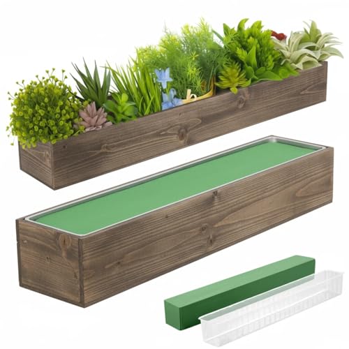 2 Set Wood Boxes for Centerpieces 28x5 Inch Rectangle Wooden Planter Box Rustic Wooden Planters with Removable Plastic Liner Floral Foam Blocks for Christmas Wedding Home Garden Decor (28 x 5 Inch / Brown)